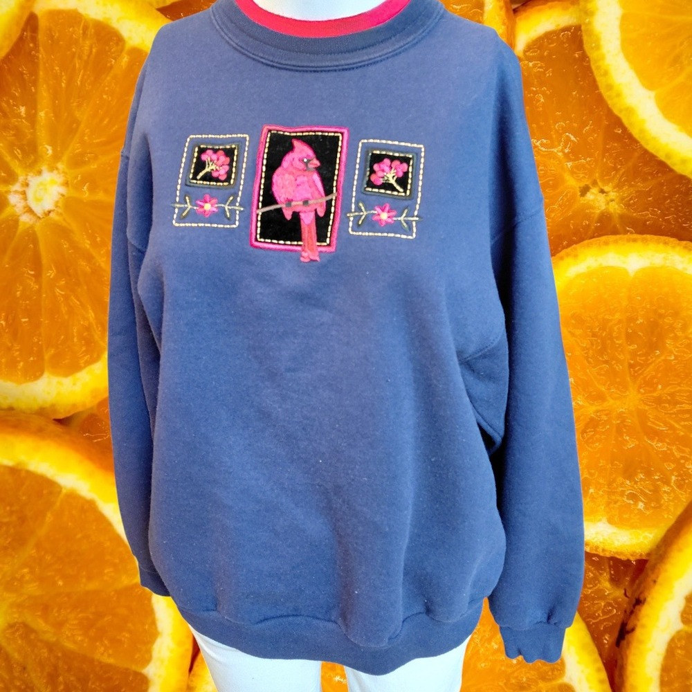 Top Stitch by Morning Sun Navy Blue Cardinal Bird Embroidered Size M‎
